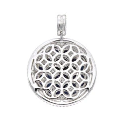 Royal Halo Round Shape Diamond Pendant For Women With Sapphires 14K White Gold -H'Hen Sale Store jewelry royal halo round shape diamond pendant for women with sapphires 14k gold backwh 1