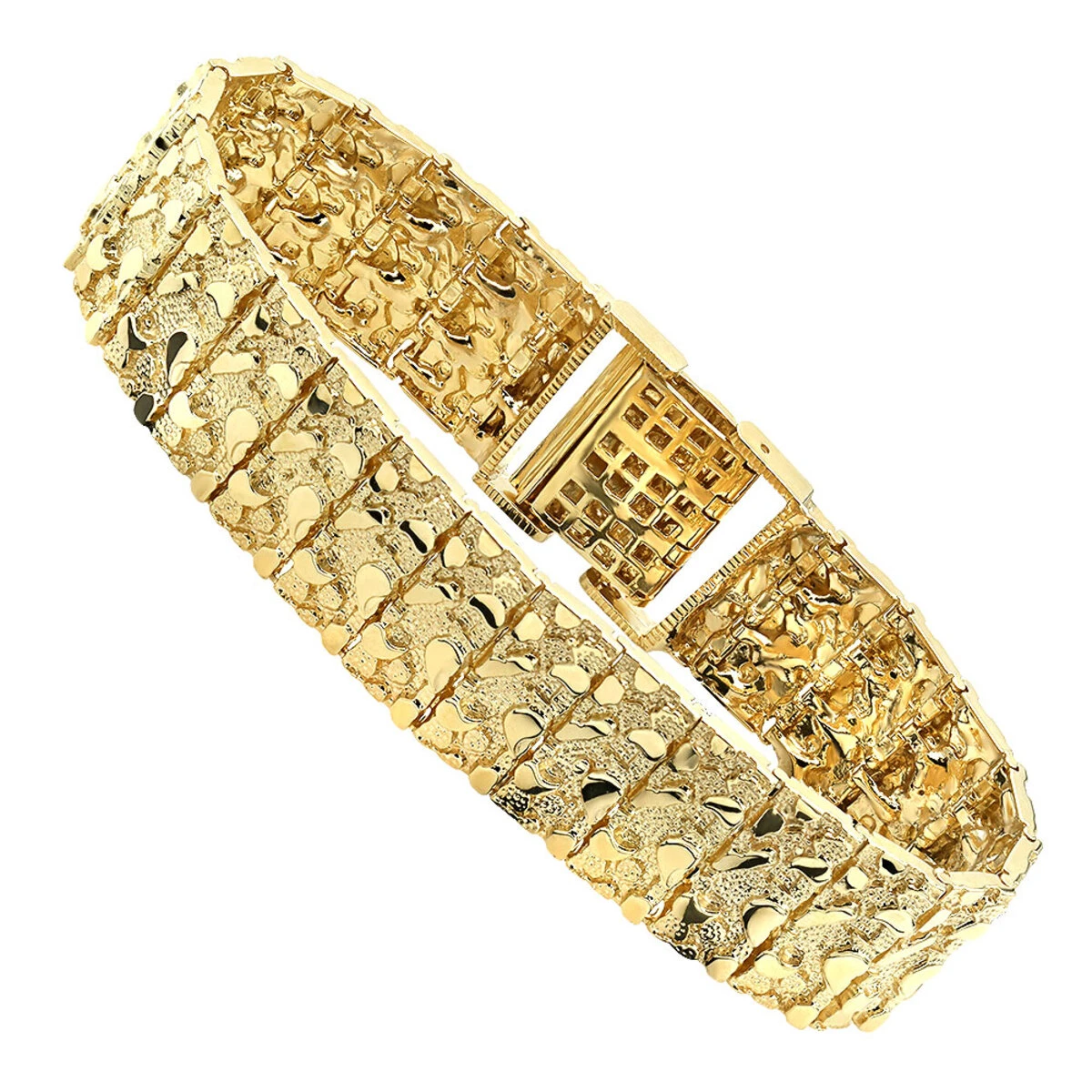 Solid 10K Yellow Gold Nugget Style Bracelet For Men 20mm 3 Solid 10K Yellow Gold Nugget Style Bracelet For Men 20mm