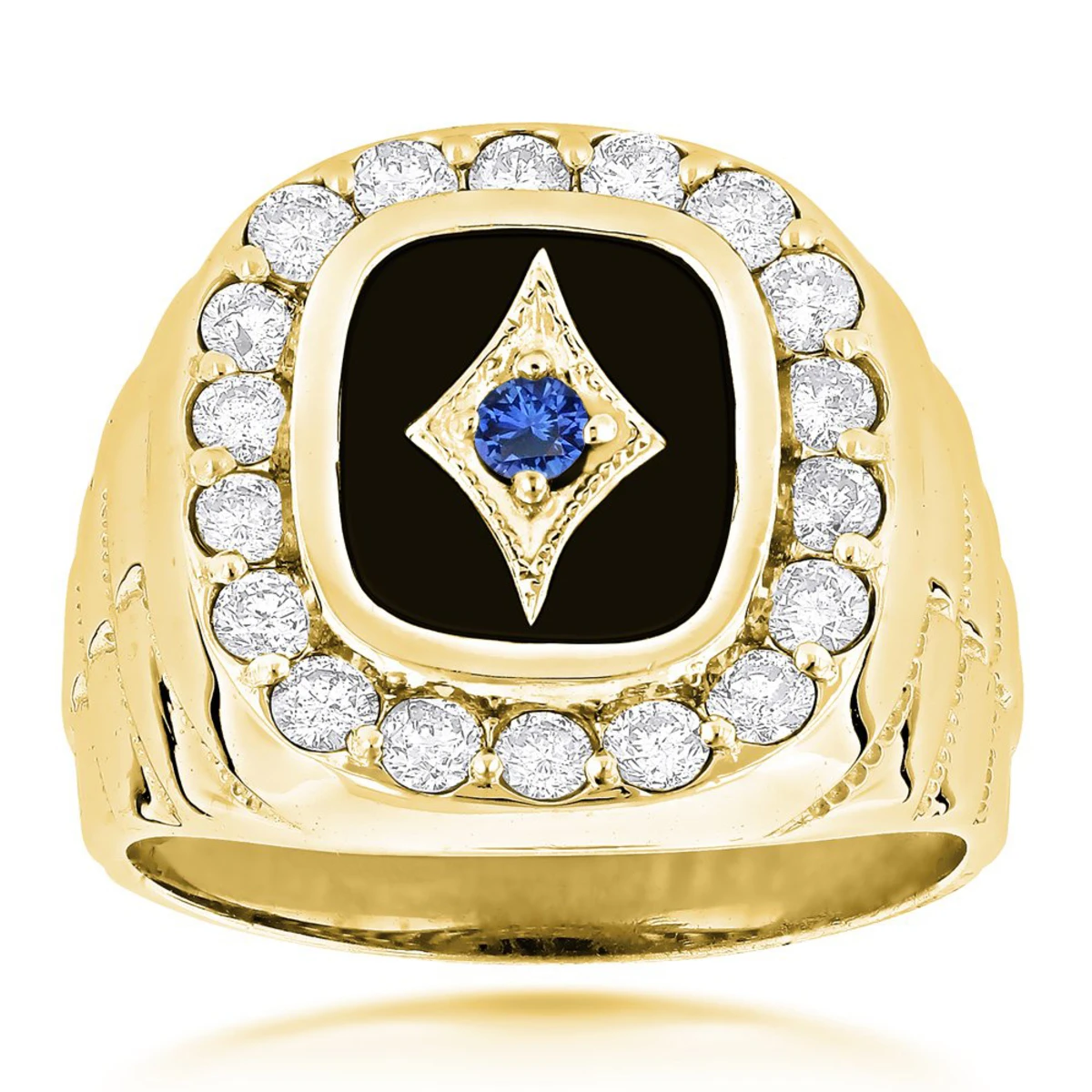 Unique 14K White Gold Black Onyx Blue Sapphire White Diamond Men's Ring 1.68ct 4 Unique 14K White Gold Black Onyx Blue Sapphire White Diamond Men's Ring 1.68ct - Image 2