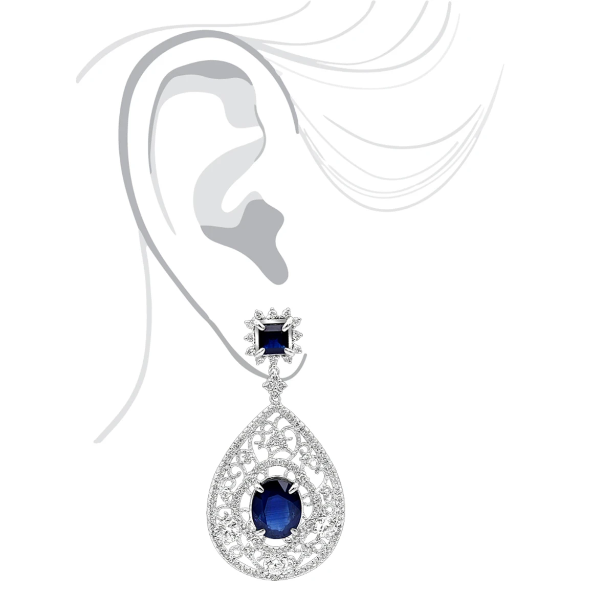Unique Designer Blue Sapphire And Diamond Drop Earrings For Women 18K White Gold 7 Unique Designer Blue Sapphire And Diamond Drop Earrings For Women 18K White Gold - Image 5