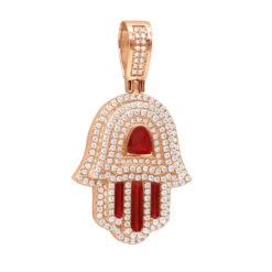Unique Jewish 14K Yellow Gold Diamond Hamsa Hand Pendant With Red Enamel -H'Hen Sale Store jewelry unique jewish jewelry 14k gold diamond hamsa hand pendant with red enamel ro