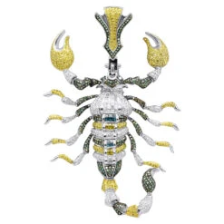 Unique Men's 14K White Gold White Blue Green Diamond Scorpion Pendant 9.5CTW