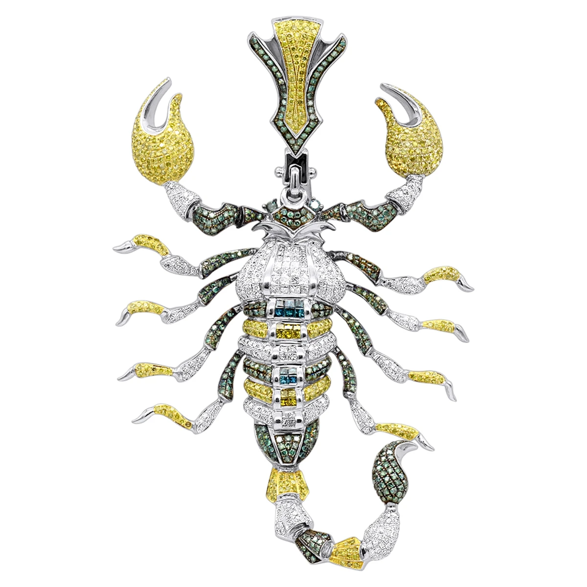 Unique Men's 14K White Gold White Blue Green Diamond Scorpion Pendant 9.5CTW 3 Unique Men's 14K White Gold White Blue Green Diamond Scorpion Pendant 9.5CTW