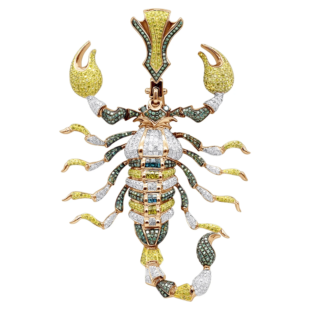 Unique Men's 14K White Gold White Blue Green Diamond Scorpion Pendant 9.5CTW 5 Unique Men's 14K White Gold White Blue Green Diamond Scorpion Pendant 9.5CTW - Image 3