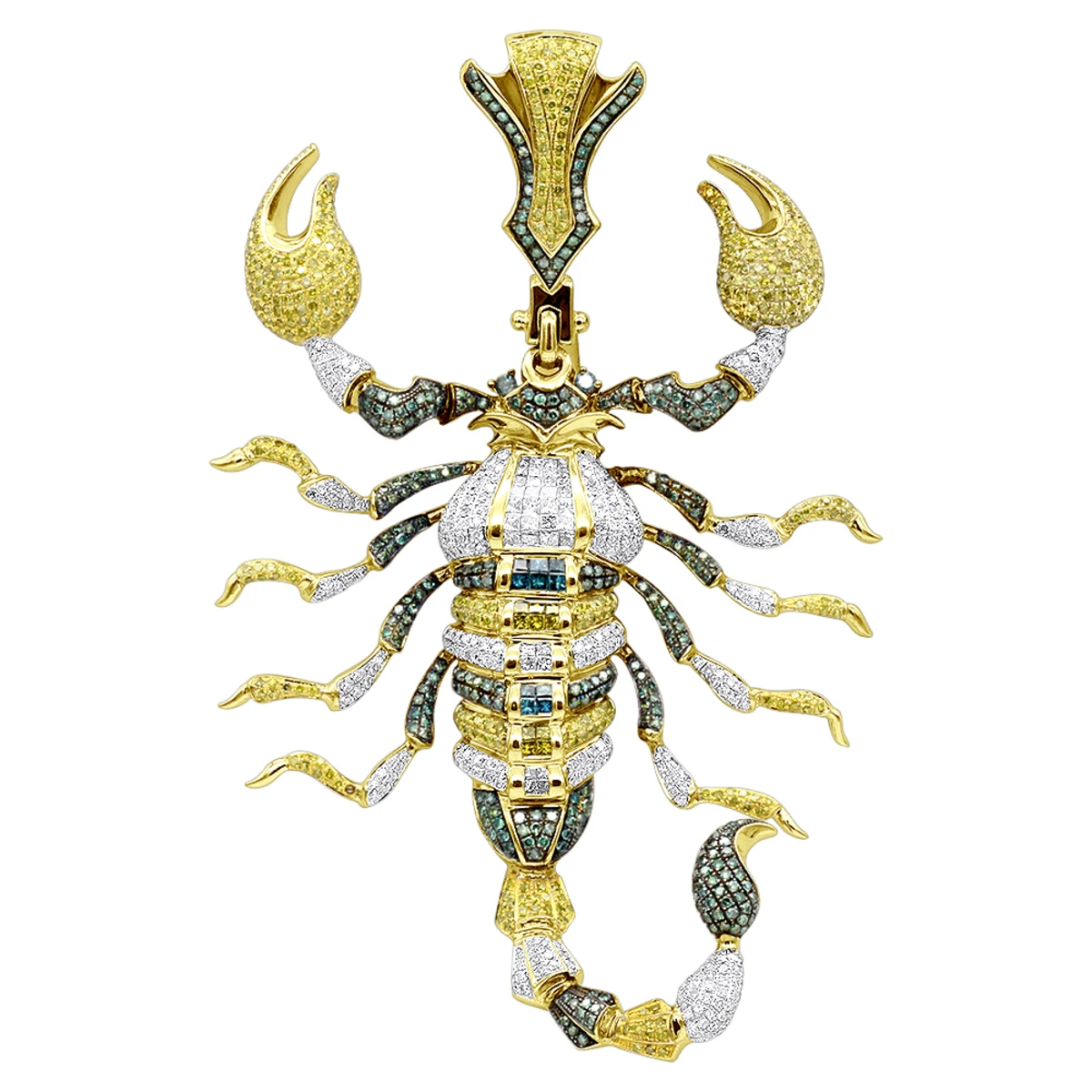 Unique Men's 14K White Gold White Blue Green Diamond Scorpion Pendant 9.5CTW 4 Unique Men's 14K White Gold White Blue Green Diamond Scorpion Pendant 9.5CTW - Image 2