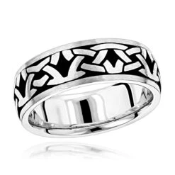 Unique Solid 14K White Gold Black Enamel Ornament Wedding Band For Men By Luxurman