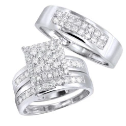 Wedding And Engagement Trio Diamond Ring Set For Him And Her 1.3ct 14K White Gold