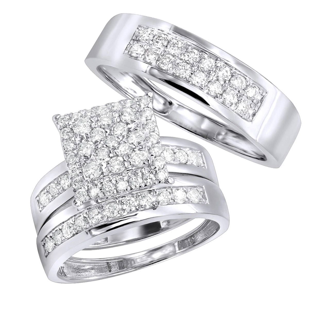 Wedding And Engagement Trio Diamond Ring Set For Him And Her 1.3ct 14K White Gold 3 Wedding And Engagement Trio Diamond Ring Set For Him And Her 1.3ct 14K White Gold