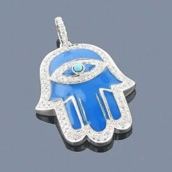Jewish 14K White Gold & Diamond Hamsa Necklace 0.41ct Blue
