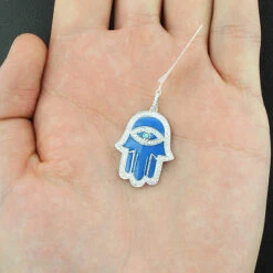 Jewish 14K White Gold & Diamond Hamsa Necklace 0.41ct Blue -H'Hen Sale Store jewish jewelry 14k diamond hamsa necklace 041ct blue p 35795box