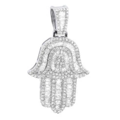 Large 2 Carat Diamond Hamsa Hand Pendant 14K White Gold Amulet