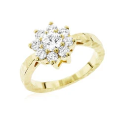 Hammered 14K Yellow Gold Diamond Flower Cluster Ring 1.3ct