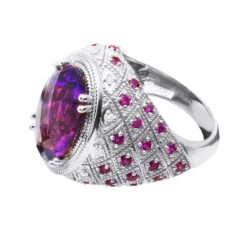 Large Amethyst Cocktail Ring With Diamonds And Pink Sapphires 18K Yellow Gold -H'Hen Sale Store large amethyst cocktail ring with diamonds and pink sapphires 18k gold backwh