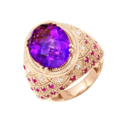 Large Amethyst Cocktail Ring With Diamonds And Pink Sapphires 18K Yellow Gold -H'Hen Sale Store large amethyst cocktail ring with diamonds and pink sapphires 18k gold ro