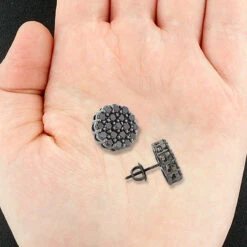 Large Black Diamond Cluster Earrings 3.5 Ct 10K Black Plated Gold Studs -H'Hen Sale Store large black diamond cluster earrings 4ct 10k gold studs 4