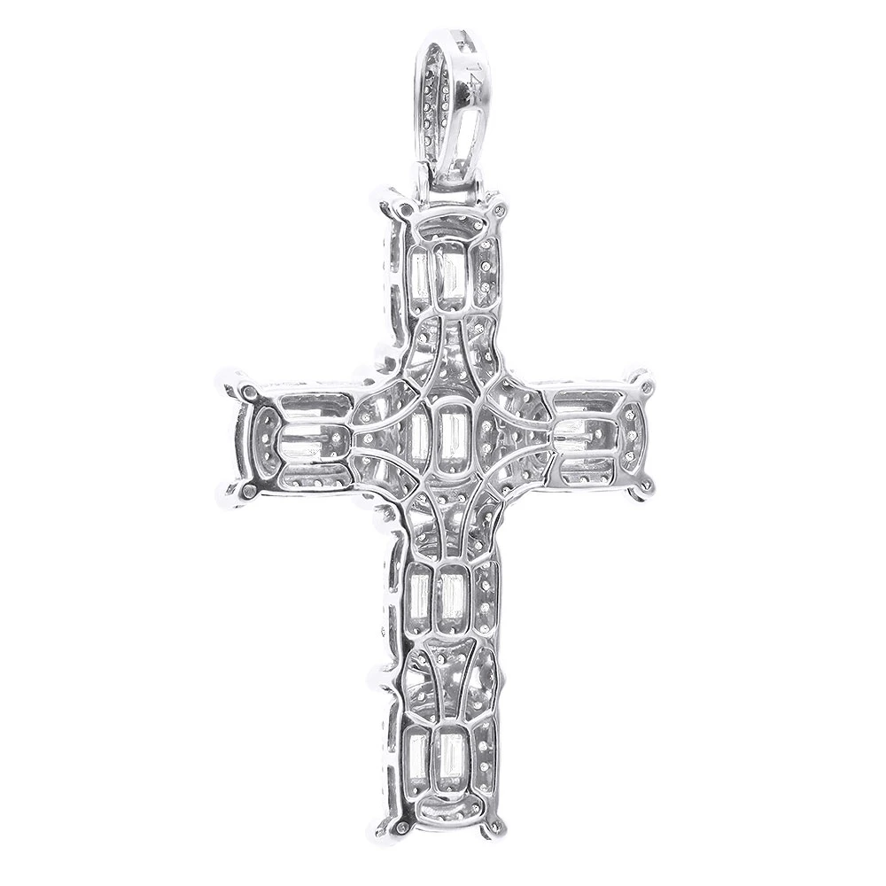 Large Diamond Cross Pendant For Men 14K White Gold Baguette Round Diamonds 3 Carat 6 Large Diamond Cross Pendant For Men 14K White Gold Baguette Round Diamonds 3 Carat - Image 4