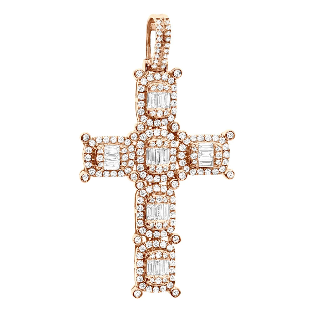 Large Diamond Cross Pendant For Men 14K White Gold Baguette Round Diamonds 3 Carat 5 Large Diamond Cross Pendant For Men 14K White Gold Baguette Round Diamonds 3 Carat - Image 3