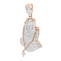 Men's 14K Yellow Gold Diamond Praying Hands Pendant With Cross 0.9ct By Luxurman -H'Hen Sale Store mens 14k gold diamond praying hands pendant with cross 09ct by luxurman ro