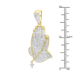 Men's 14K Yellow Gold Diamond Praying Hands Pendant With Cross 0.9ct By Luxurman -H'Hen Sale Store mens 14k gold diamond praying hands pendant with cross 09ct by luxurman rulerye