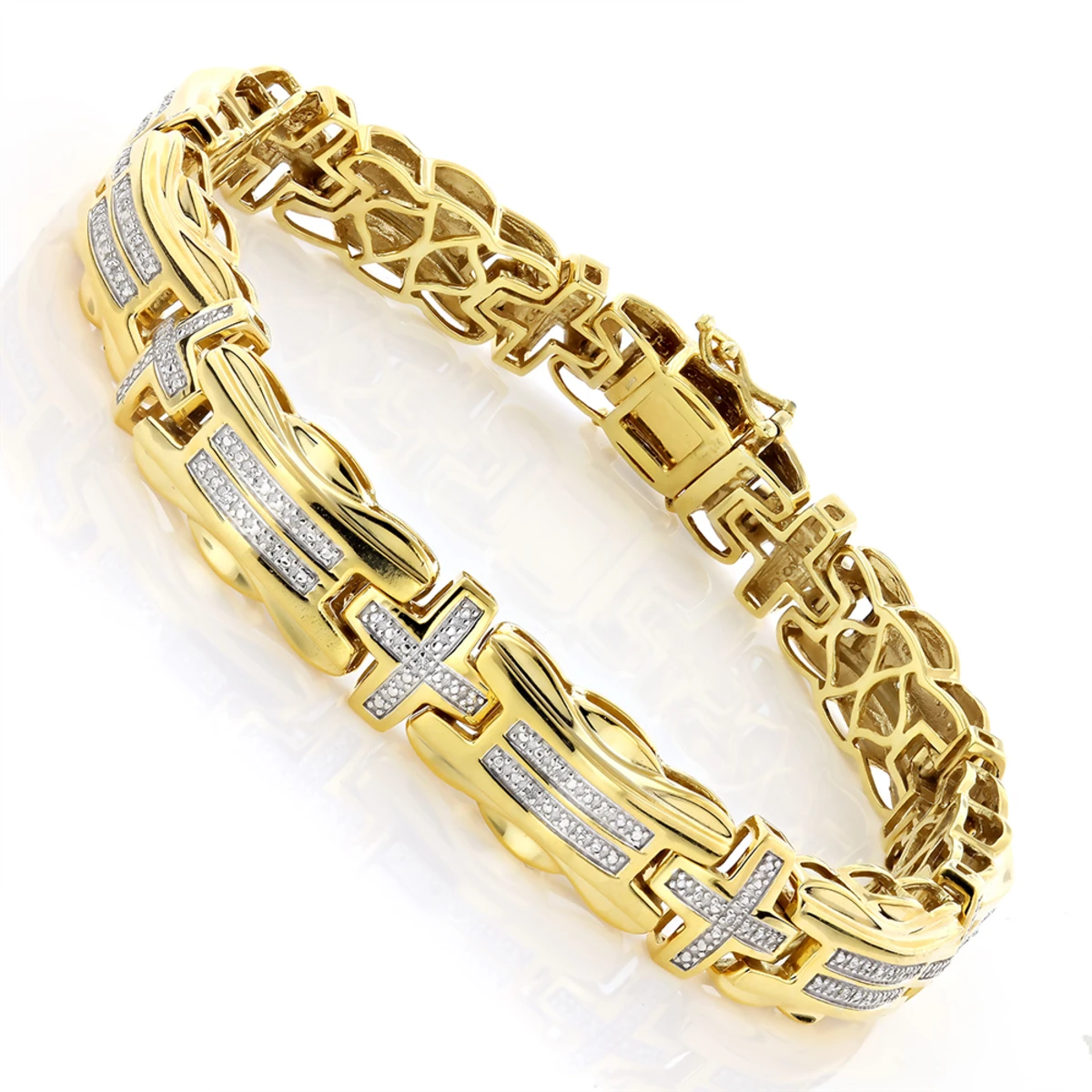 Men's Diamond Cross Bracelet 0.30ct Yellow Gold Plated Silver 3 Men's Diamond Cross Bracelet 0.30ct Yellow Gold Plated Silver