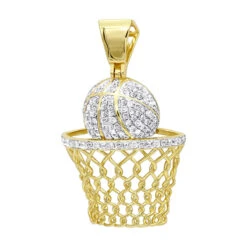 Men's 10K Yellow Gold Real Diamond Basketball Pendant 0.8ct