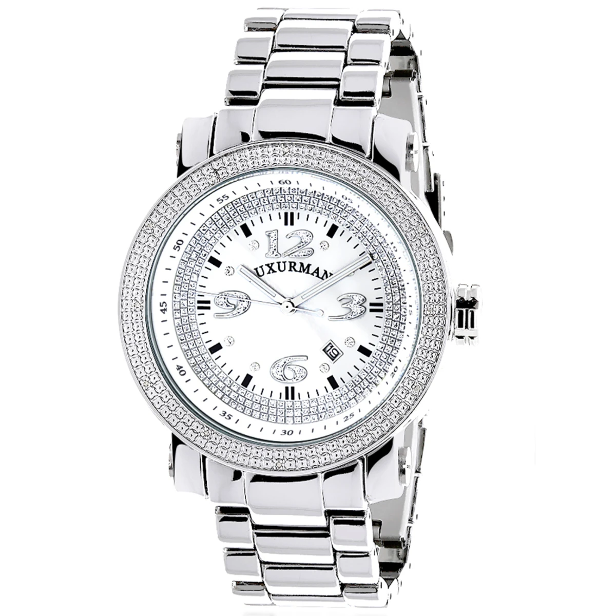 Oversized Men's Diamond Watch 0.12ct Iced Out Luxurman White MOP Face & Metal Band 3 Oversized Men's Diamond Watch 0.12ct Iced Out Luxurman White MOP Face & Metal Band