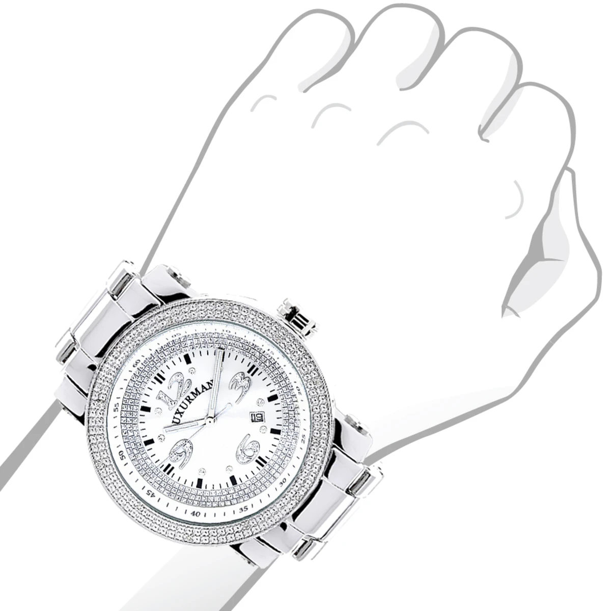 Oversized Men's Diamond Watch 0.12ct Iced Out Luxurman White MOP Face & Metal Band 5 Oversized Men's Diamond Watch 0.12ct Iced Out Luxurman White MOP Face & Metal Band - Image 3