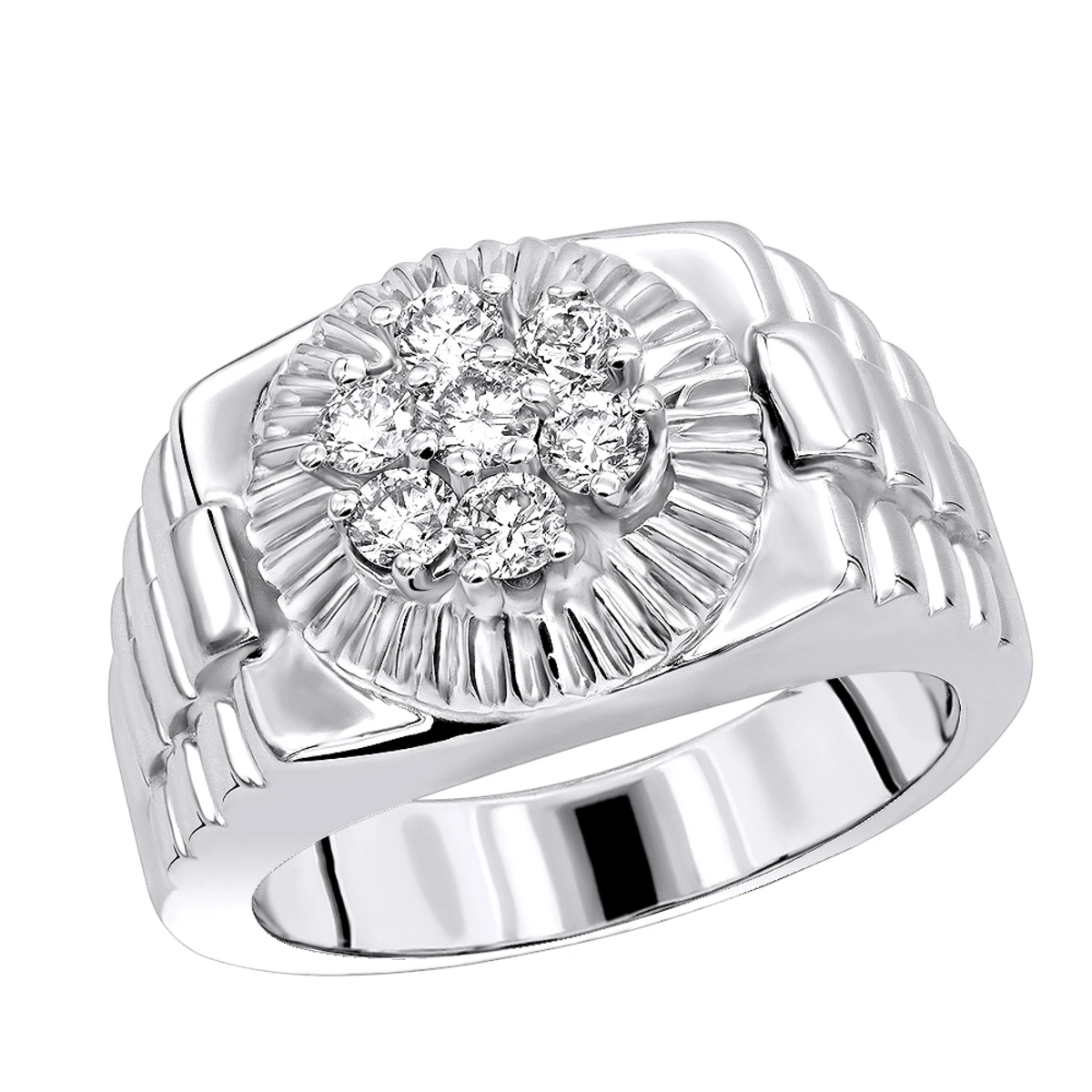 14K White Gold Rolex Style Men's Diamond Ring .95ct 3 14K White Gold Rolex Style Men's Diamond Ring .95ct