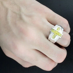 Men's White Yellow Diamond Cross Ring 14K White Gold 2.25ct -H'Hen Sale Store mens white yellow diamond cross ring 14k 225ct p 43641bod