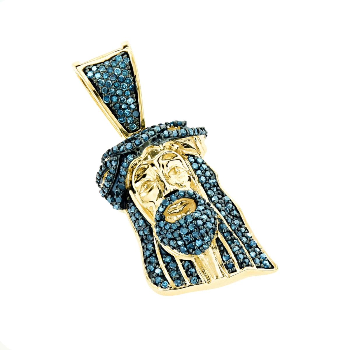 Mini Diamond Jesus Head Pendant 10K Yellow Gold 1/2 Carat Blue Diamonds 3 Mini Diamond Jesus Head Pendant 10K Yellow Gold 1/2 Carat Blue Diamonds