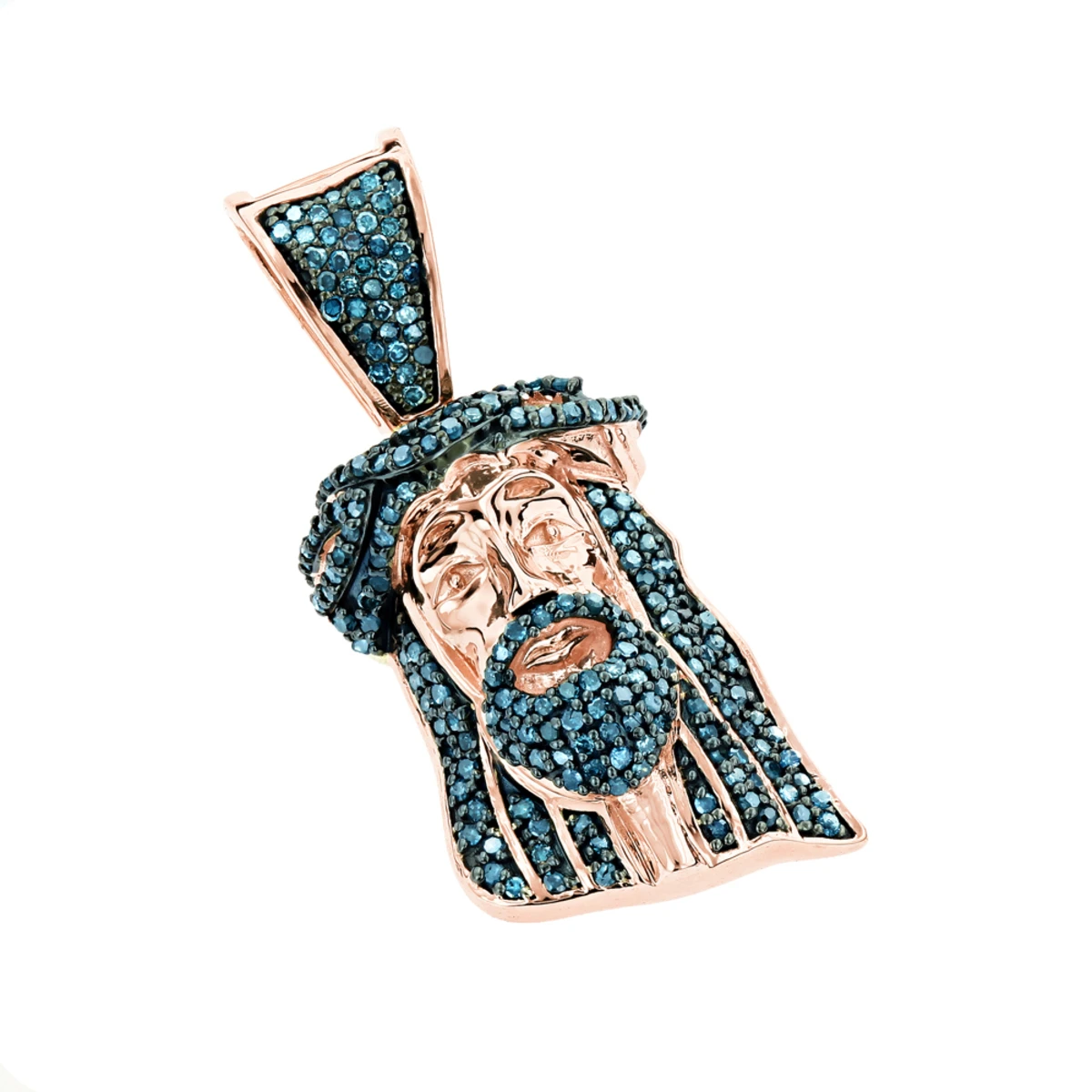 Mini Diamond Jesus Head Pendant 10K Yellow Gold 1/2 Carat Blue Diamonds 5 Mini Diamond Jesus Head Pendant 10K Yellow Gold 1/2 Carat Blue Diamonds - Image 3