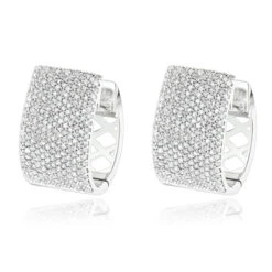 Pave Diamond Earrings For Women 14K White Gold 1 Carat Small Wide Hoops