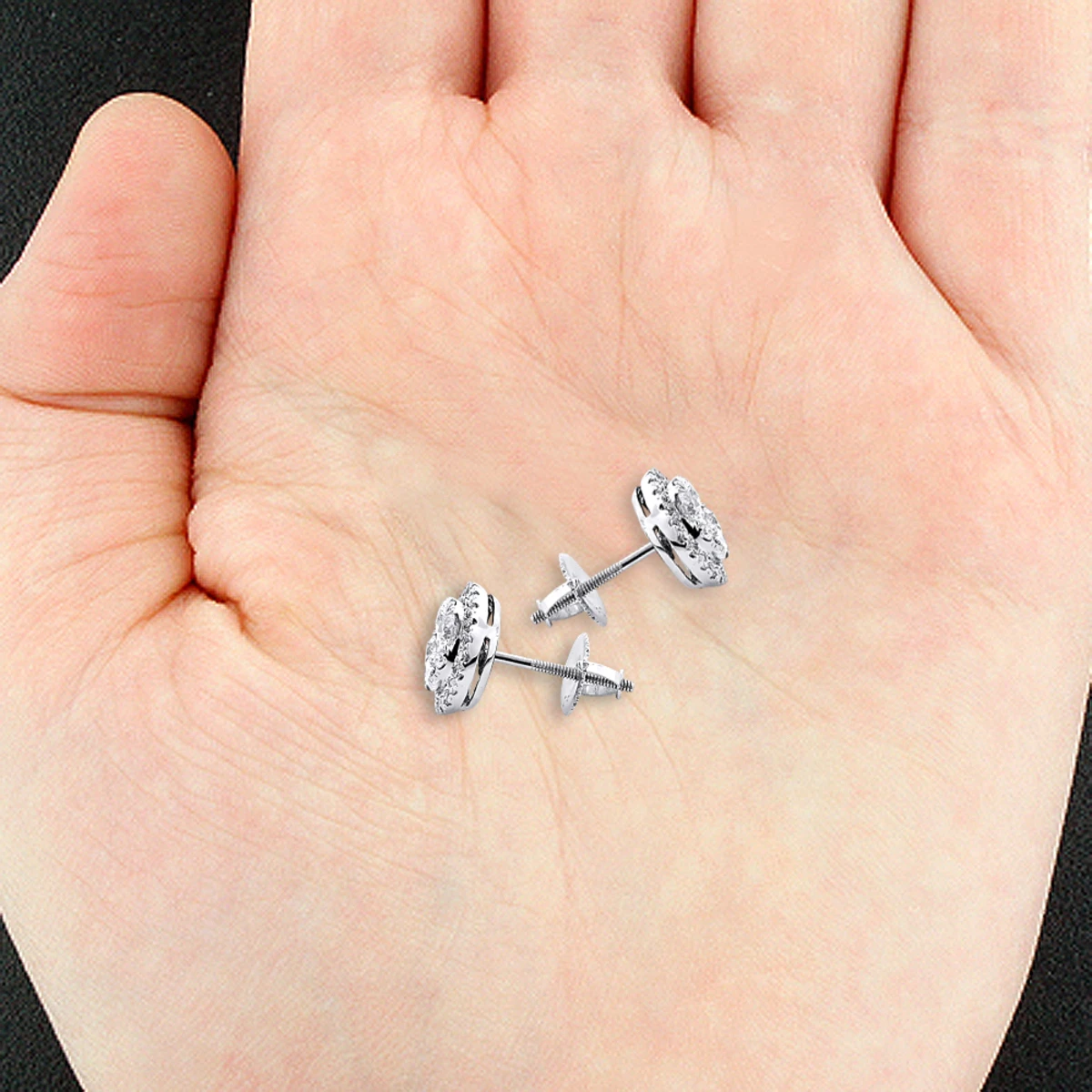 Pave Diamond Stud Cluster Earrings 1.46ct 14K White Gold 4 Pave Diamond Stud Cluster Earrings 1.46ct 14K White Gold - Image 2