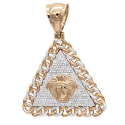 10K Yellow Gold Diamond Medusa Head Triangle Pendant Cuban Link Chain 0.8ct -H'Hen Sale Store real 10k gold diamond medusa head triangle pendant cuban link chain 08ct ro