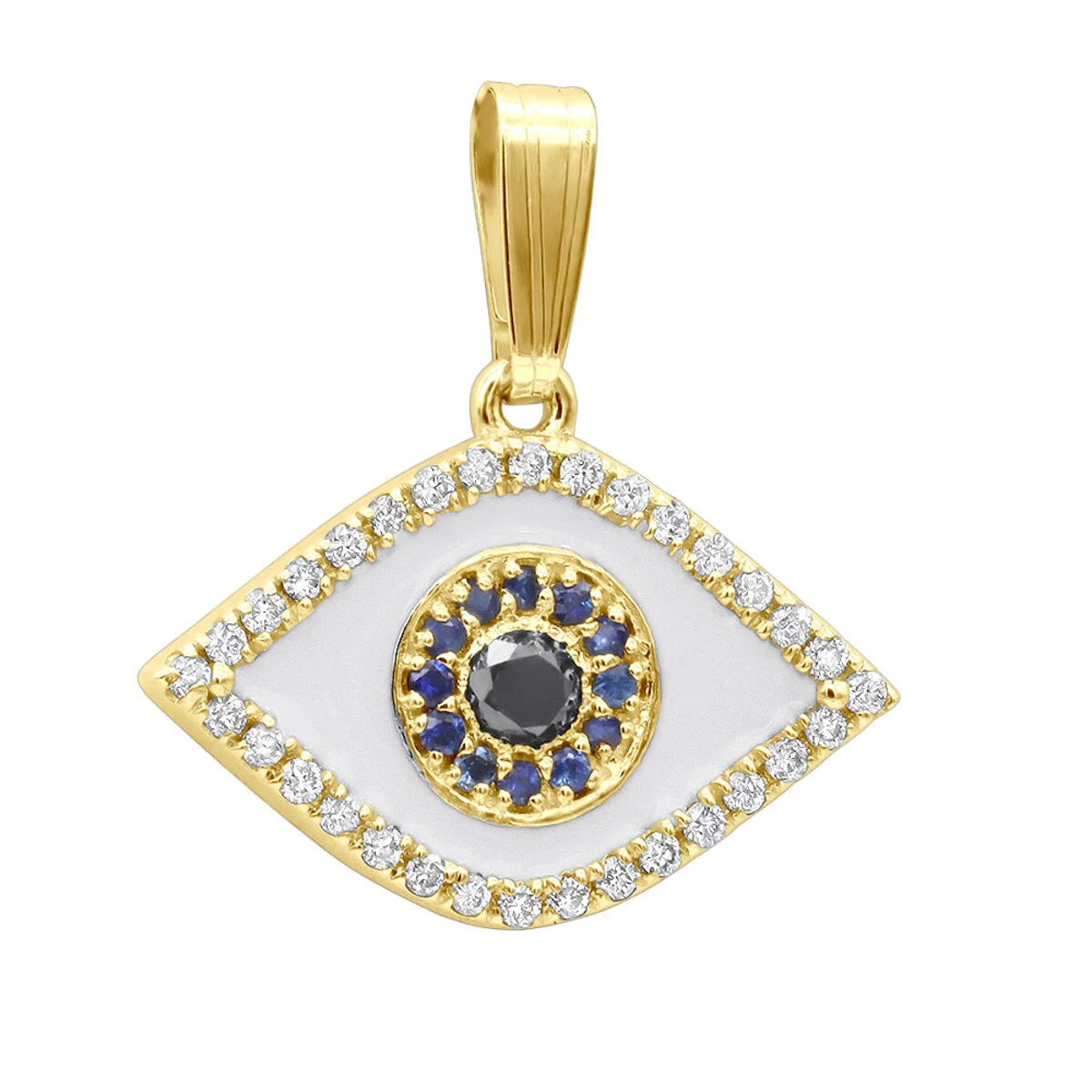 14K Yellow Gold White Black Diamond & Sapphire Evil Eye Pendant Enamel Charm 3 14K Yellow Gold White Black Diamond & Sapphire Evil Eye Pendant Enamel Charm