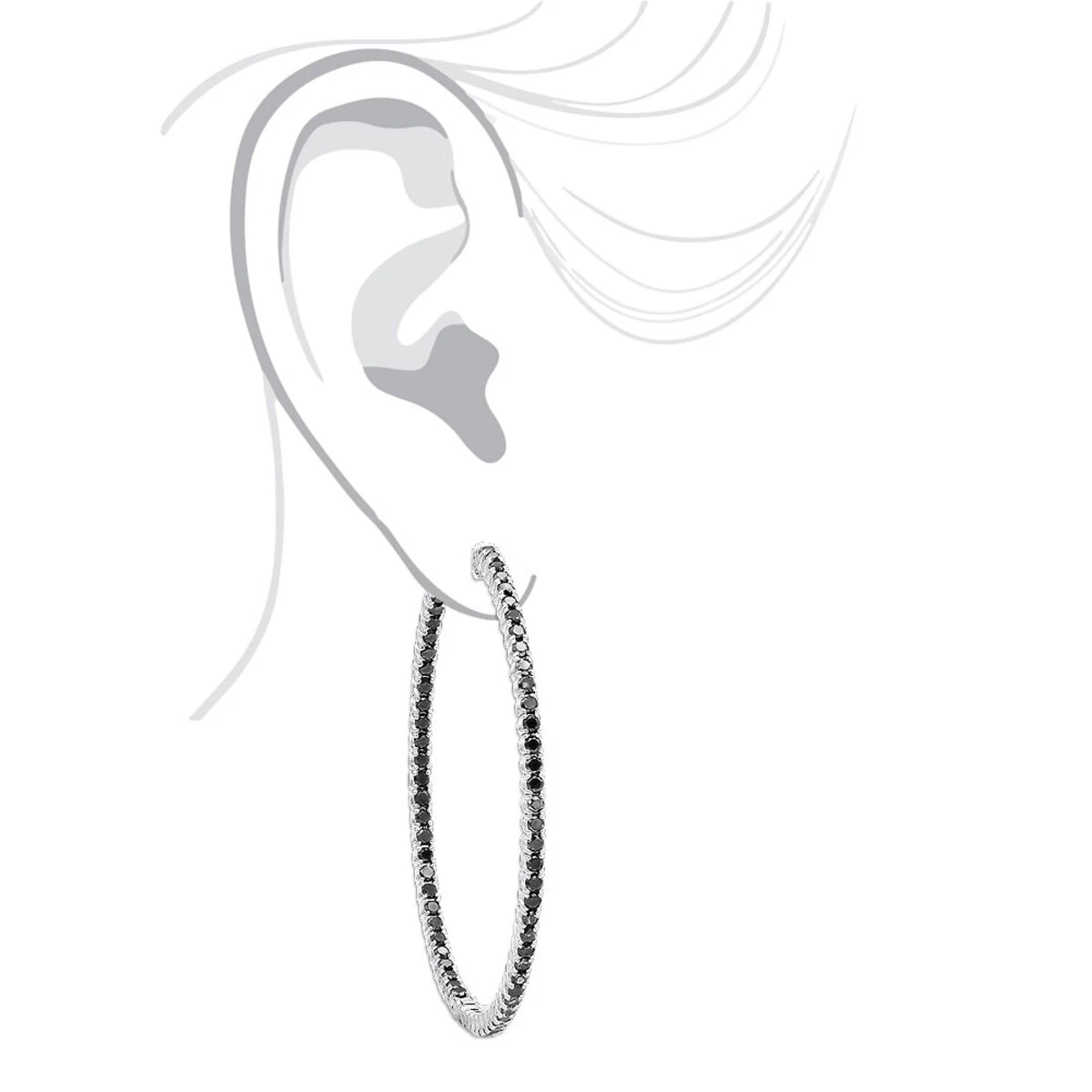 Real 3 Carat Black Diamond 2 Inch Hoop Earrings Inside Out Design 14K White Gold 9 Real 3 Carat Black Diamond 2 Inch Hoop Earrings Inside Out Design 14K White Gold - Image 7