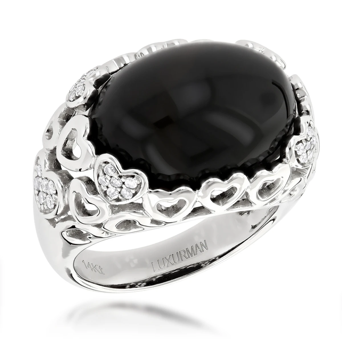 Right Hand Diamond Fashion Luxurman Onyx And Hearts Ring 14K White Gold 3 Right Hand Diamond Fashion Luxurman Onyx And Hearts Ring 14K White Gold