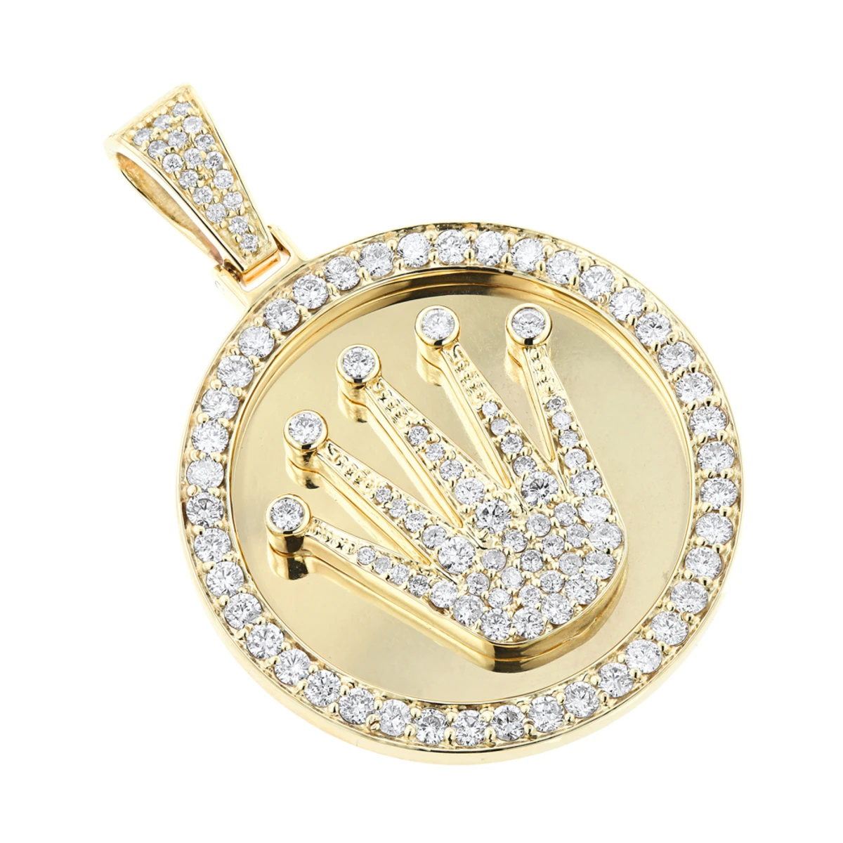 Rolex Style Diamond Pendant 3ct 10K Yellow Gold Crown Medallion 3 Rolex Style Diamond Pendant 3ct 10K Yellow Gold Crown Medallion