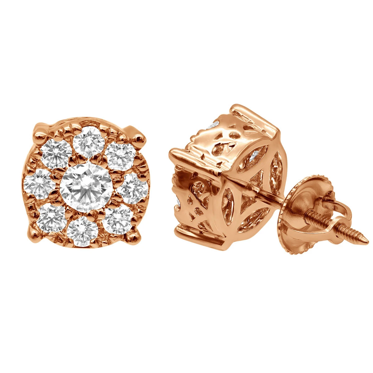 Round Diamond Cluster Stud Earrings 1.61ct 14K Rose Gold 3 Round Diamond Cluster Stud Earrings 1.61ct 14K Rose Gold