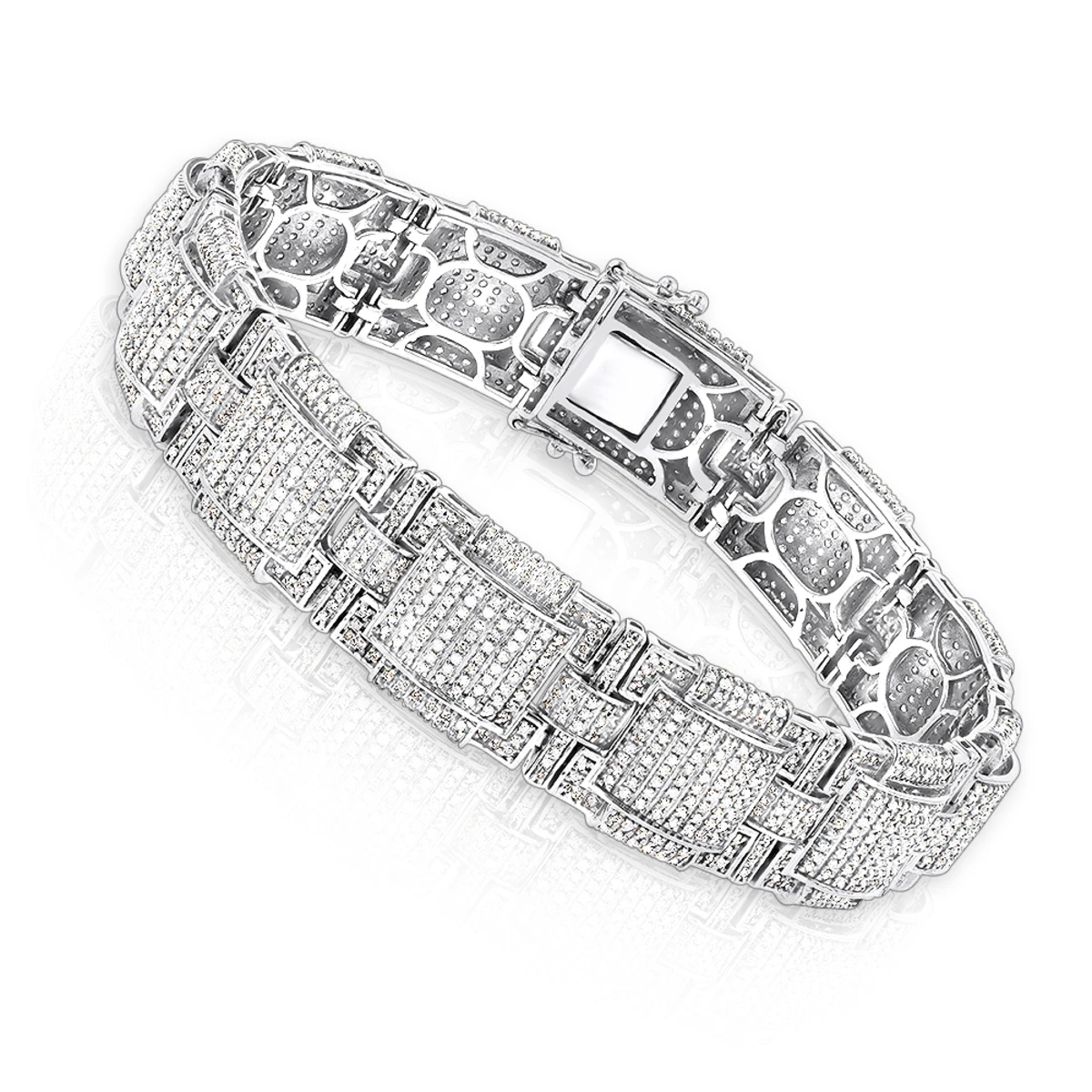 Round Pave Diamond Bracelet For Men 6.28ct 10K White Gold 3 Round Pave Diamond Bracelet For Men 6.28ct 10K White Gold