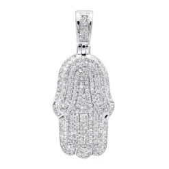 10K White Gold Diamond Hamsa Hand Pendant Fully Iced Out 1 Carat Charm