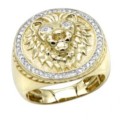 Solid 10K Yellow Gold Lion Head Diamond Pinky Ring For Men 0.3ct Luxurman