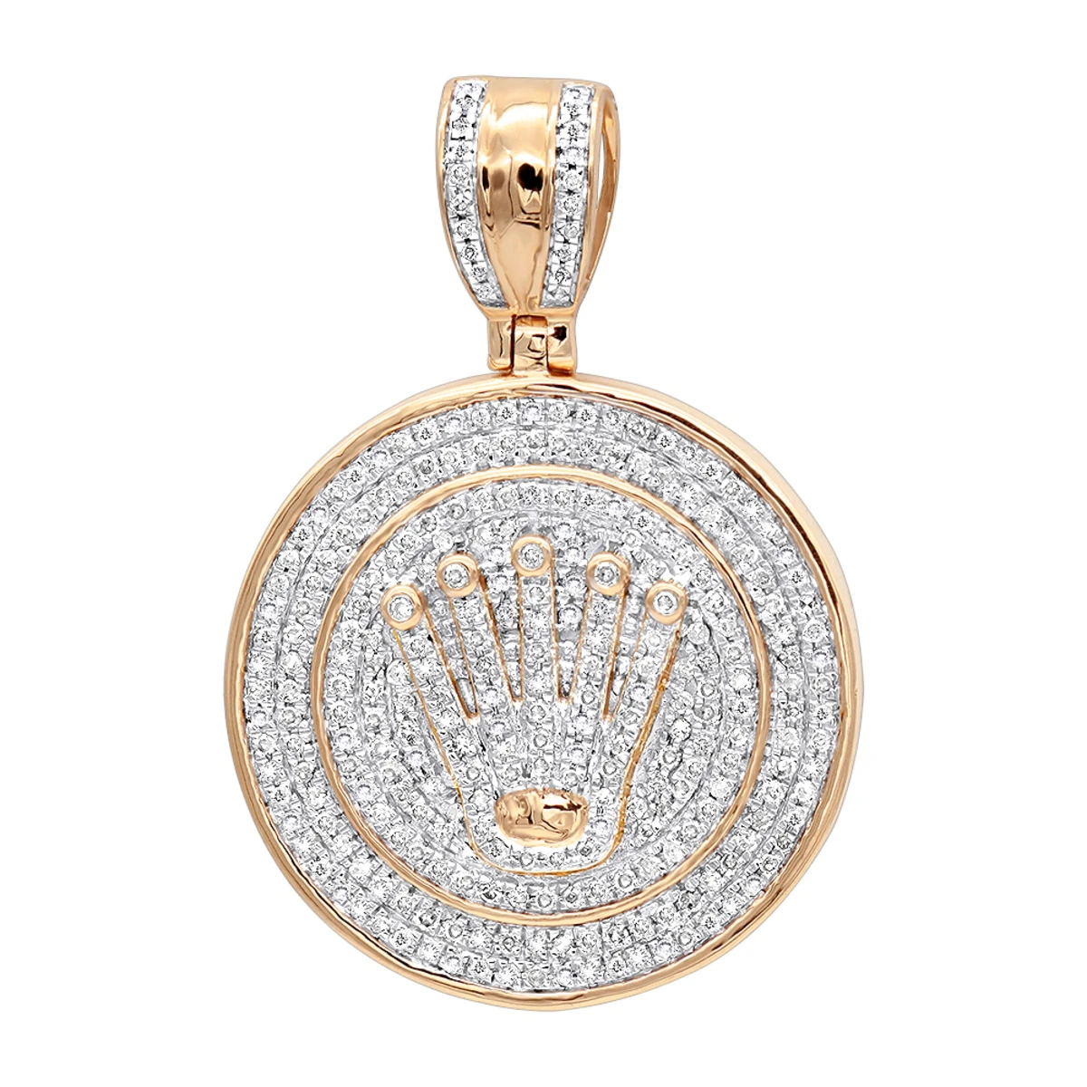 10K Yellow Gold Real Diamond Crown Pendant For Men Iced Out Round Medallion 5 10K Yellow Gold Real Diamond Crown Pendant For Men Iced Out Round Medallion - Image 3