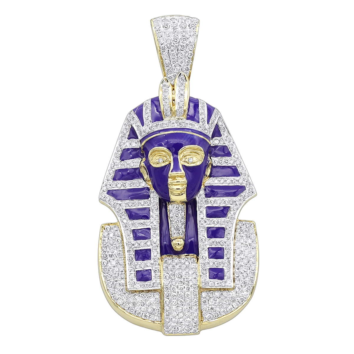 14K Yellow Gold Egyptian Pharaoh Head Enamel Diamond Pendant For Men 2.38ct 3 14K Yellow Gold Egyptian Pharaoh Head Enamel Diamond Pendant For Men 2.38ct
