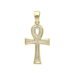 14K Yellow Gold Mini Diamond Egyptian Ankh Cross Pendant For Women 0.2ct -H'Hen Sale Store solid 14k gold mini diamond egyptian ankh cross pendant for women 02ct backye