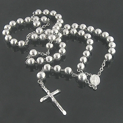 Solid 14K White Gold Rosary Beads Necklace 21in Long 9mm Wide 3 Solid 14K White Gold Rosary Beads Necklace 21in Long 9mm Wide