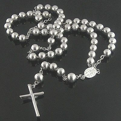 Solid 14K White Gold Rosary Beads Necklace 21in Long 9mm Wide 4 Solid 14K White Gold Rosary Beads Necklace 21in Long 9mm Wide - Image 2