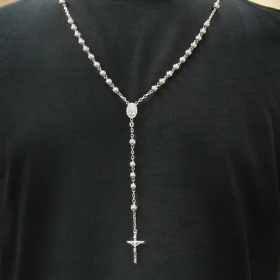 Solid 14K White Gold Rosary Beads Necklace 21in Long 9mm Wide 5 Solid 14K White Gold Rosary Beads Necklace 21in Long 9mm Wide - Image 3