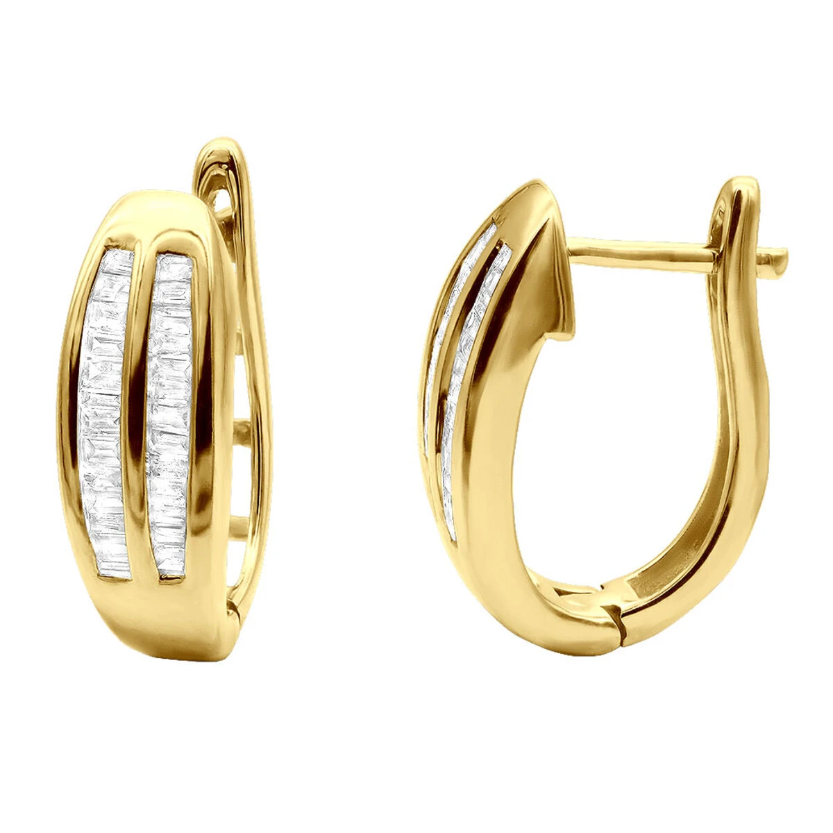 Solid 10K Yellow Gold Baguette Diamond Earrings Hoops 1/2ct 3 Solid 10K Yellow Gold Baguette Diamond Earrings Hoops 1/2ct