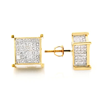 Square Diamond Stud Earrings 14K Yellow Gold 2.25ct 3 Square Diamond Stud Earrings 14K Yellow Gold 2.25ct